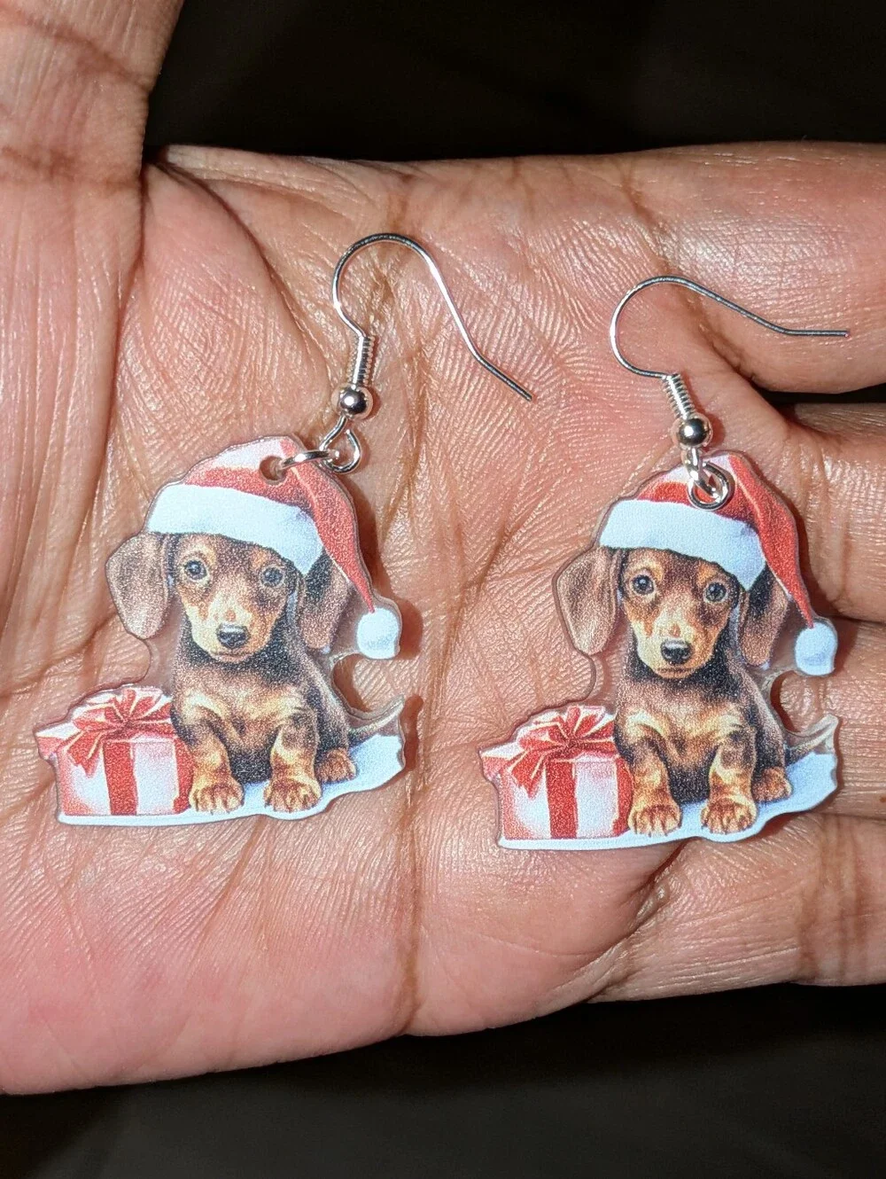 Hand Crafted Dachshund in Santa Hat Acrylic Drop Earrings - Red & Brown